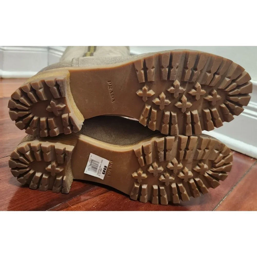 Prada Suede Mid Calf Moto Boots 37.5 Beige Taupe Leather Lined Lug Sole Side Zip - Picture 11 of 15